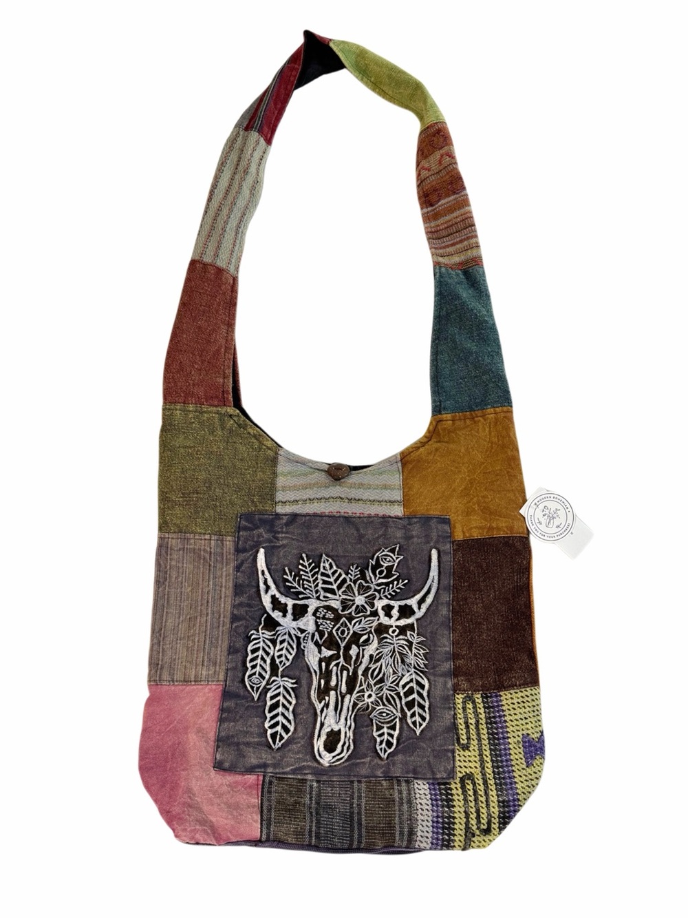 Boho Patchwork Shoulder Bag with Grey Skull Applique